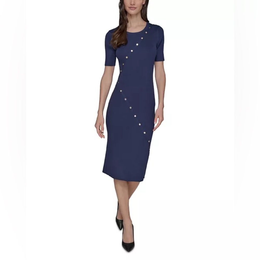 NWT Karl Lagerfeld Button‎ Trim Sweater Dress, Large - Picture 2 of 11